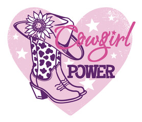 Country Girl power printable illustration isolated on white. Vector retro Cowgirl boots and cowboy hat with floral decoration with Country cowgirl Lettering.