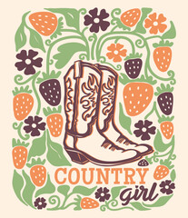 Country Cowgirl boots with floral decor on vintage poster background. Vector country illustration with cowboy boots and red strawberry for decor and design