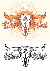 Wild west cowboy symbol with longhorn skull and rope text wild west. Vector cowboy printable illustration for design