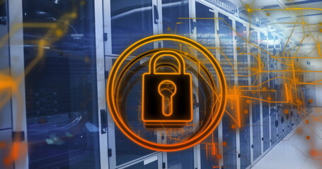 Glowing padlock icon showing data security in server room, with network cables and digital lines