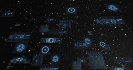 Floating cluster of blue holographic data panels drifting in cyberspace, with data visualizations