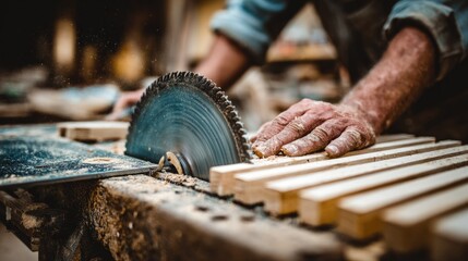 Close-up of a seasoned craftsman operating a woodworking saw.