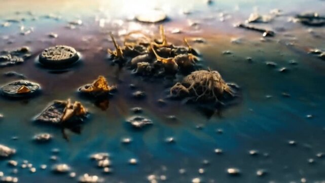 Polluted tidepool with oil slick rainbow sheen