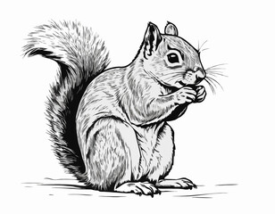 Squirrel sitting sketch hand drawn engraved style Vector illustration.