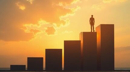Silhouette of Man Standing on Tall Bar Graph During Sunset