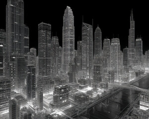 Wireframe of modern city buildings at night with illuminated skyscrapers and riverfront bridge, showcasing architectural design and urban landscape in futuristic style