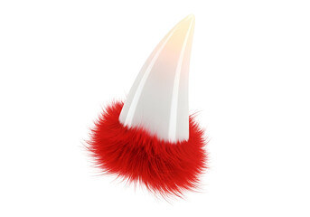 A pointed, white object with a red fur trim is highlighted against a dark background.