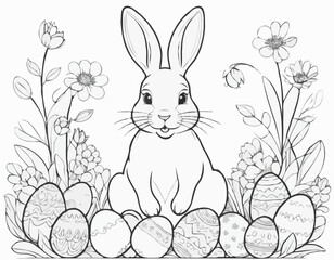 Obraz premium Easter Bunny with Eggs Sitting in Flowers Hand Drawn Engraving Sketch Vector Illustration.