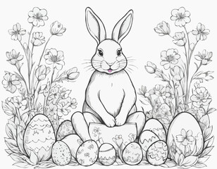 Easter Bunny with Eggs Sitting in Flowers Hand Drawn Engraving Sketch Vector Illustration.