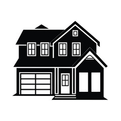 Black and White Suburban House Icon: Two-Story Home with Garage Illustration