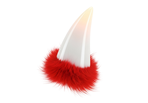 A pointed, white object with a red fur trim is highlighted against a dark background.
