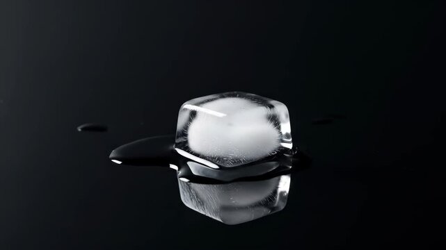 Melting ice cube on a reflective black surface with water droplets, creating a fresh and cool feeling.