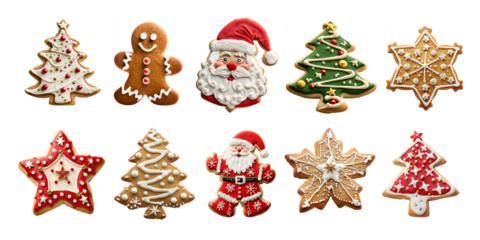 Collection set of many Christmas cookies in different shapes and sugar decor isolated on white or transparent background, cut out png file