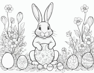 Easter Bunny with Eggs Sitting in Flowers Hand Drawn Engraving Sketch Vector Illustration.