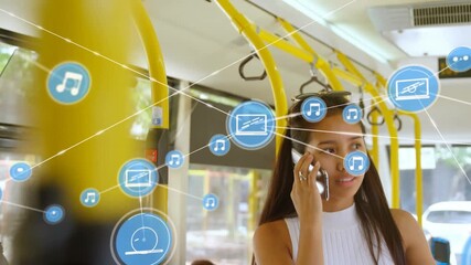 Animation of network of connections with icons over woman using smartphone in bus - Powered by Adobe