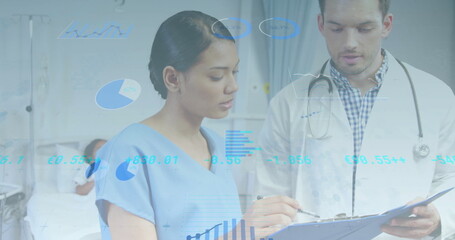 Reviewing patient notes doctor and nurse standing at hospital bed, with clipboard, data overlays