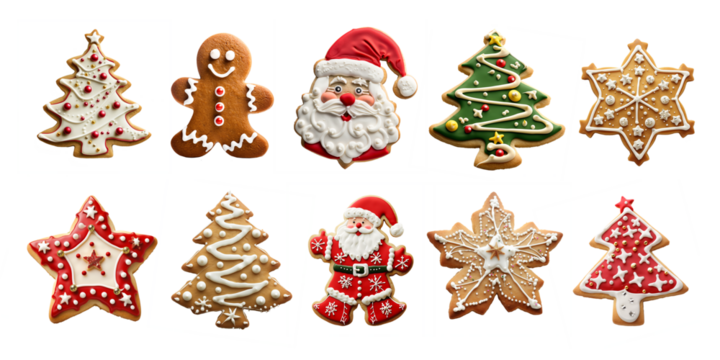 Collection set of many Christmas cookies in different shapes and sugar decor isolated on white or transparent background, cut out png file