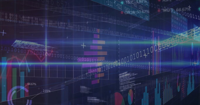Displaying central data interface scrolling binary code on dark grid, with bar graphs, line charts - Powered by Adobe