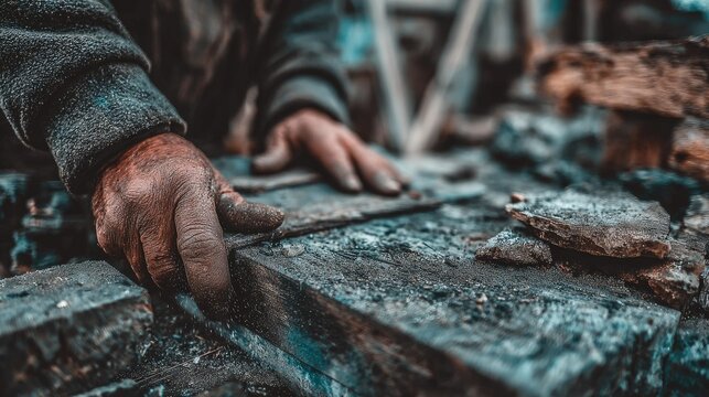 Close-up view of weathered hands working with dark wood and debris.