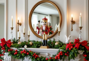 luxurious nutcracker displayed on a mantel with crystal candle holders pine garlands and red decorations for a festive holiday living room