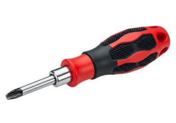 A close-up view of a red and black screwdriver with a textured handle, set against a solid black background.