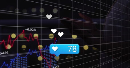 Displaying blue notification bubble showing 78 hearts over dark grid display with financial charts