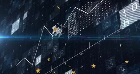 Displaying white line chart pulsing over interface, with currency tables, star icons, lens flare