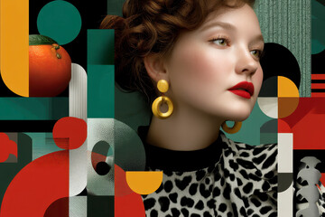 Modern portrait of woman with red lipstick and gold earrings, wearing patterned top, surrounded by abstract geometric shapes in bold colors, creating stylish composition