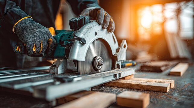 Close-up of a person operating a circular saw. - Powered by Adobe