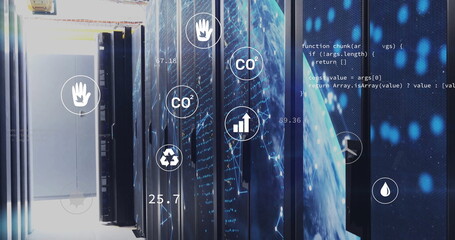 Displaying server cabinets lining data center hallway, overlaid with icons and JavaScript code
