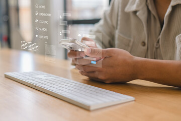 business innovation using smartphone with digital hologram interface icons for dashboard, statistic, search, and data management, representing modern technology, mobile app