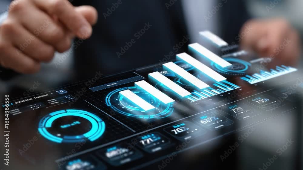 Wall mural a close-up of a hand interacting with a futuristic touchscreen display, showcasing various digital g