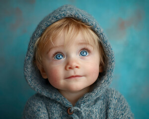 Adorable infant portrait with soft lighting and blue eyes wearing knitted hooded sweater looking up with gentle expression on blurred blue background