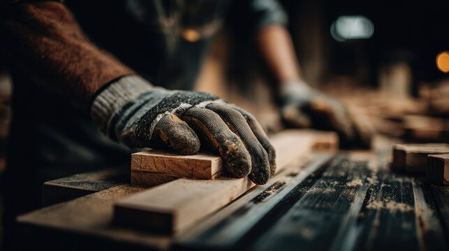 Close-up view of hands in work gloves working with wood.