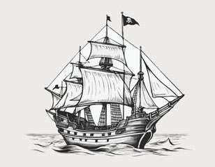 Pirate ship sailboat retro sketch hand drawn engraving style Vector illustration