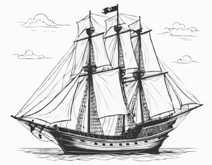 Pirate ship sailboat retro sketch hand drawn engraving style Vector illustration