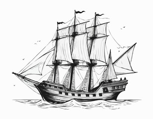 Pirate ship sailboat retro sketch hand drawn engraving style Vector illustration