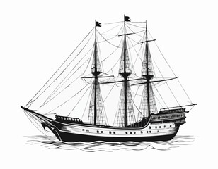 Pirate ship sailboat retro sketch hand drawn engraving style Vector illustration