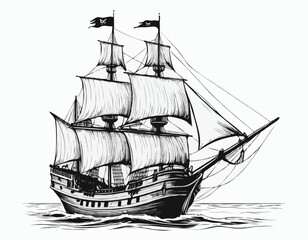Pirate ship sailboat retro sketch hand drawn engraving style Vector illustration