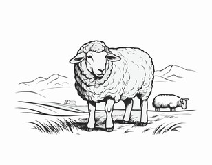 White Sheep farm hand drawn sketch Vector illustration Farm