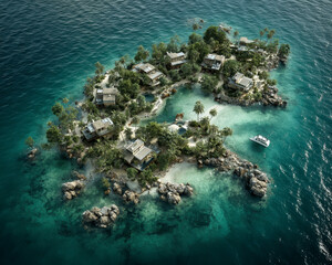 Tropical island with lush green palm trees and modern villas surrounded by clear turquoise water and rocky shores, featuring small boat near coast in serene paradise setting