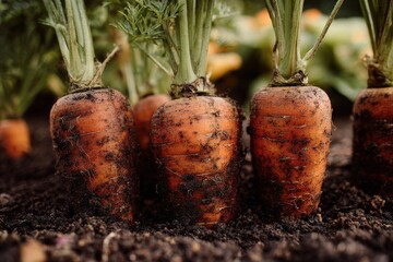 Close-up orange carrots glow in a sunlit garden, beside four rough-textured cube sculptures; a soft, painterly focus creates a calm, tactile mood.