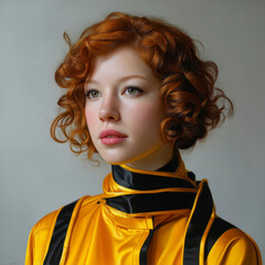 Redhead woman portrait with curly hair and soft makeup wearing shiny yellow and black fashion outfit, elegant and confident expression with modern style and smooth background