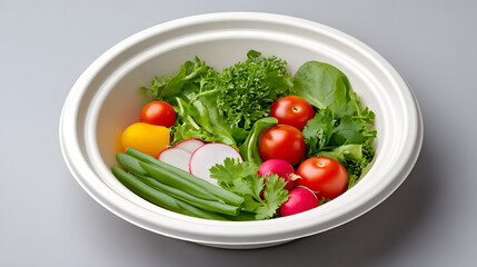 Biodegradable bowl fresh salad cherry tomato radish green bean lettuce spinach cilantro leafy greens eco friendly packaging with vibrant produce and clean minimal style, inviting and wholesome