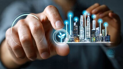A hand reaching towards a digital representation of urban growth combined with eco-friendly elements. This symbolizes the harmony between nature and technology in modern cities. - Powered by Adobe