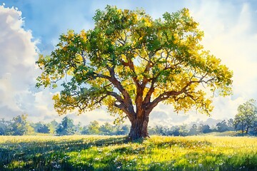 Fototapeta premium Majestic Tree Bathed in Sunlight in a Grassy Meadow