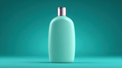 A bottle of green liquid is sitting on a blue background