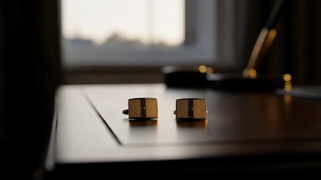 Elegant gold cufflinks on a dark wooden desk in a office with window light, luxury lifestyle concept, golden light