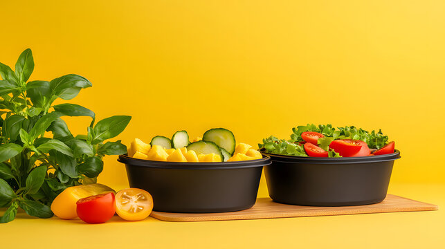 Fresh salad black container yellow background cucumber tomato lettuce bell pepper basil wooden board meal prep with cheerful mood and clean style - Powered by Adobe