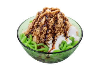 A delectable dessert, ice shaved and layered with a vibrant green jelly and creamy topping, is presented in a glass bowl.